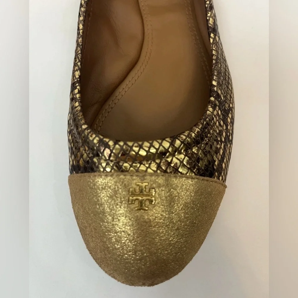 Tory Burch woman’s gold snakeskin metallic ballet flats slip on‎ size 8 casual